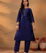 Navy Blue Ethnic Motifs Woven Design Thread Work Kurta With Trouser