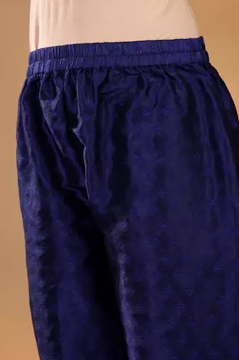 Navy Blue Ethnic Motifs Woven Design Thread Work Kurta With Trouser