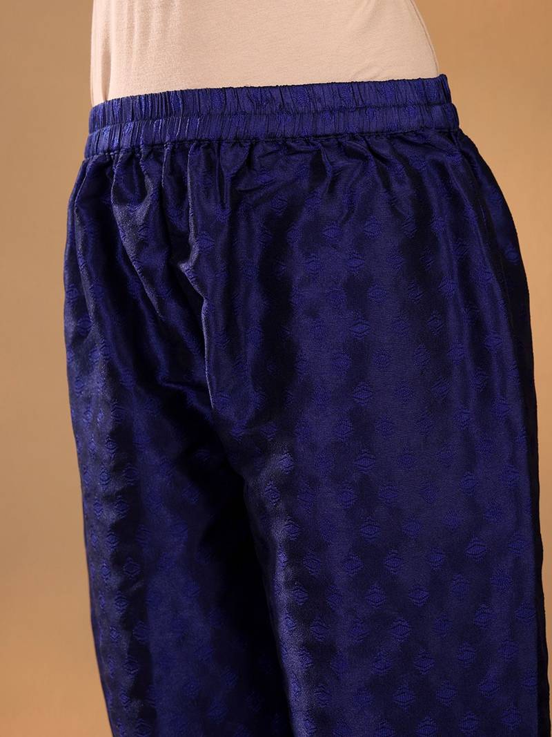 Navy Blue Ethnic Motifs Woven Design Thread Work Kurta With Trouser