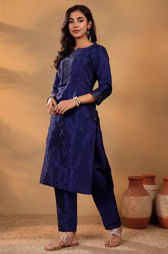 Navy Blue Ethnic Motifs Woven Design Thread Work Kurta With Trouser