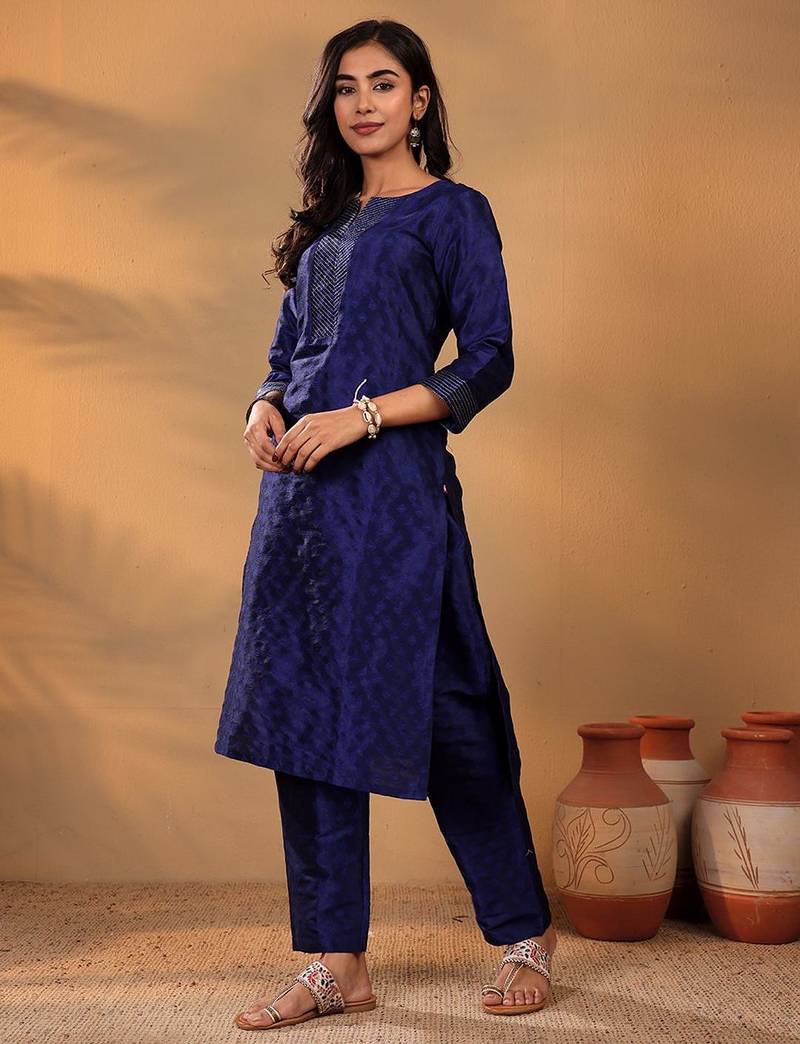 Navy Blue Ethnic Motifs Woven Design Thread Work Kurta With Trouser