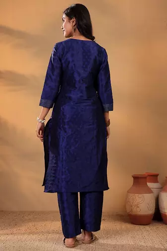 Navy Blue Ethnic Motifs Woven Design Thread Work Kurta With Trouser
