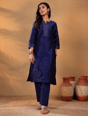 Navy Blue Ethnic Motifs Woven Design Thread Work Kurta With Trouser 7