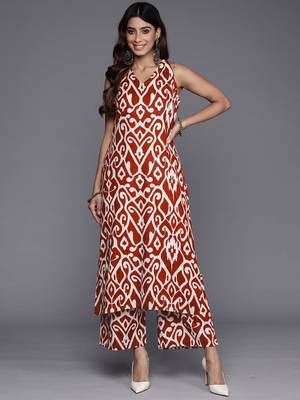Ethnic Motifs Printed V-Neck Sleeveless Regular Pure Cotton Kurta With Palazzo 1