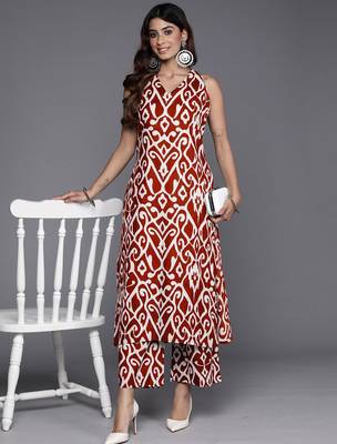 Ethnic Motifs Printed V-Neck Sleeveless Regular Pure Cotton Kurta With Palazzo 5