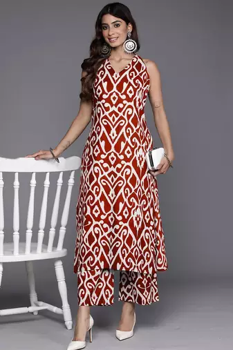 Ethnic Motifs Printed V-Neck Sleeveless Regular Pure Cotton Kurta With Palazzo