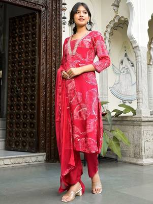V-Neck Thread & Sequins Embellished Straight Kurta With Trouser & Chiffon Dupatta 3