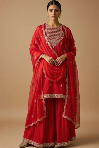 Women Ethnic Motifs Embroidered Regular Kurta with Sharara & With Dupatta