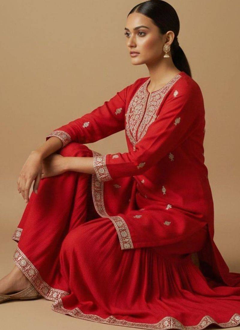 Women Ethnic Motifs Embroidered Regular Kurta with Sharara & With Dupatta