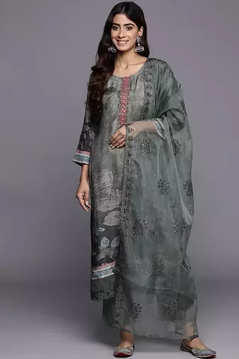 Floral Printed Thread Work Straight Kurta With Trouser & Dupatta
