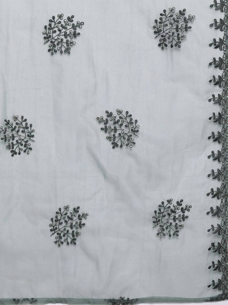 Floral Printed Thread Work Straight Kurta With Trouser & Dupatta
