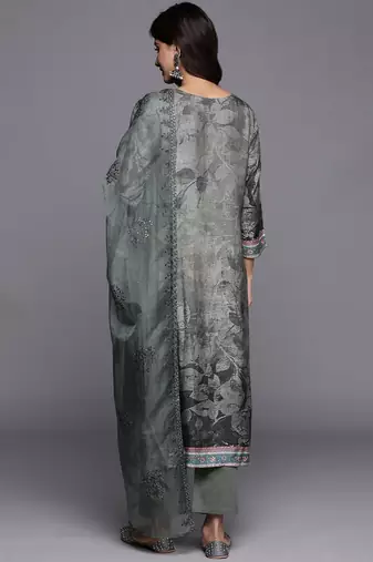 Floral Printed Thread Work Straight Kurta With Trouser & Dupatta