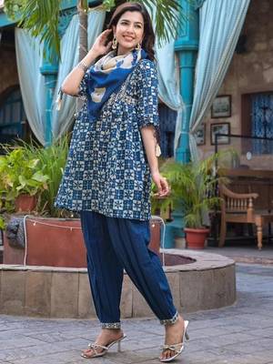 Mirror Work Yoke Embroidered A-Line Kurta With Tonal Afghan Trouser & Dupatta 1