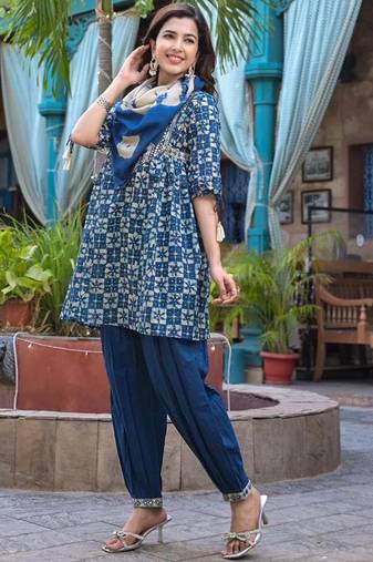 Mirror Work Yoke Embroidered A-Line Kurta With Tonal Afghan Trouser & Dupatta