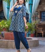 Mirror Work Yoke Embroidered A-Line Kurta With Tonal Afghan Trouser & Dupatta