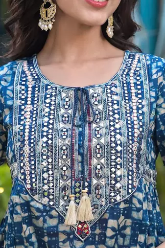 Mirror Work Yoke Embroidered A-Line Kurta With Tonal Afghan Trouser & Dupatta