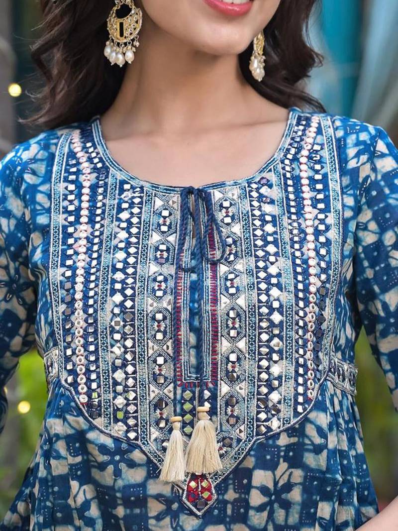 Mirror Work Yoke Embroidered A-Line Kurta With Tonal Afghan Trouser & Dupatta