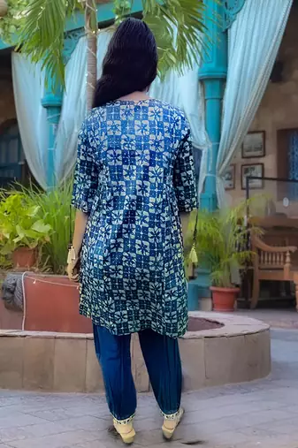 Mirror Work Yoke Embroidered A-Line Kurta With Tonal Afghan Trouser & Dupatta