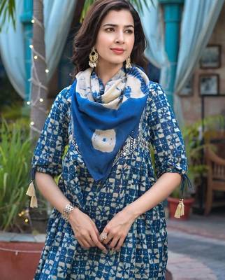 Mirror Work Yoke Embroidered A-Line Kurta With Tonal Afghan Trouser & Dupatta 4