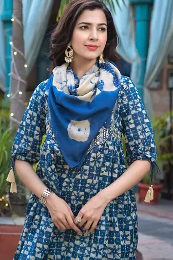 Mirror Work Yoke Embroidered A-Line Kurta With Tonal Afghan Trouser & Dupatta