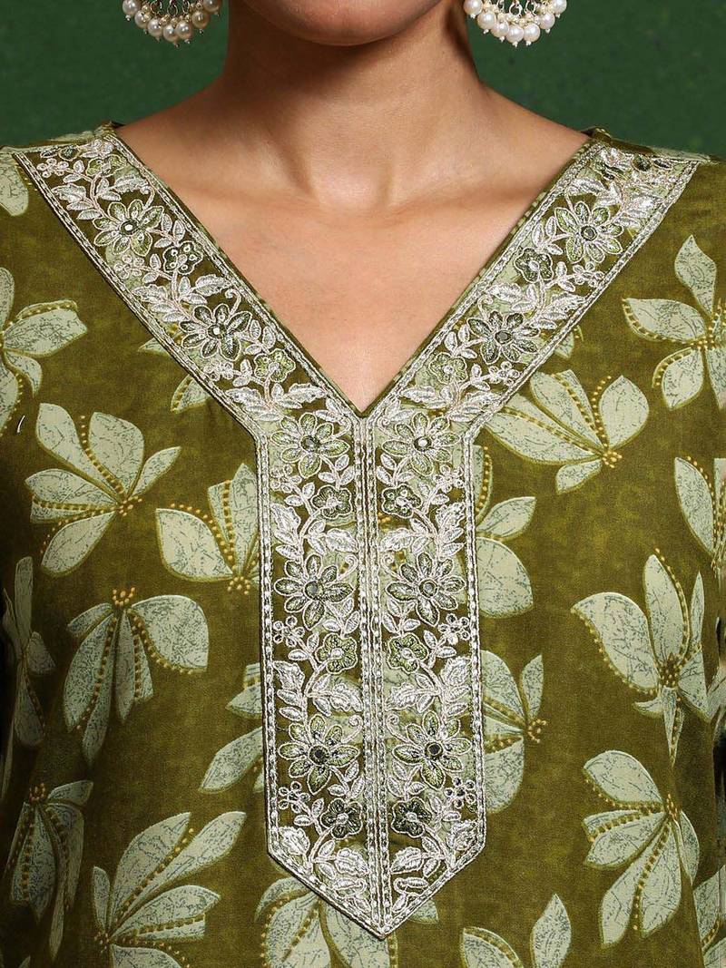Floral Printed V-Neck Straight Kurta With Trousers And Dupatta