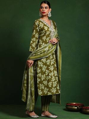 Floral Printed V-Neck Straight Kurta With Trousers And Dupatta 6