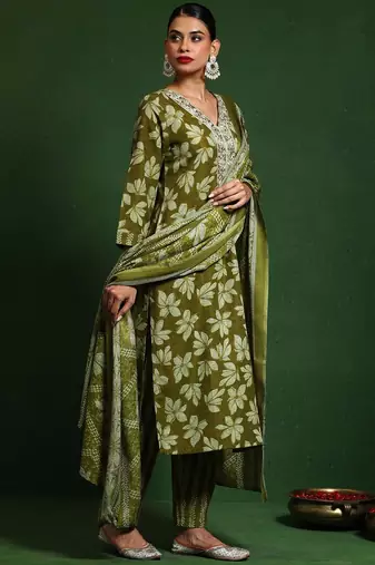 Floral Printed V-Neck Straight Kurta With Trousers And Dupatta