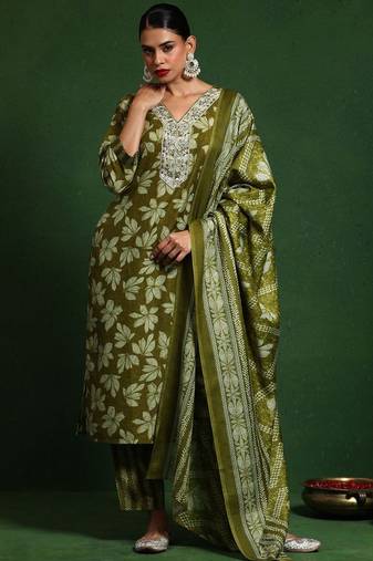 Floral Printed V-Neck Straight Kurta With Trousers And Dupatta