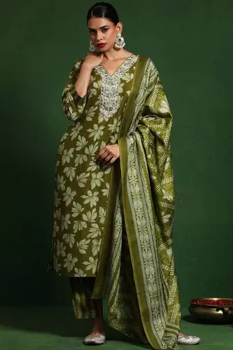 Floral Printed V-Neck Straight Kurta With Trousers And Dupatta