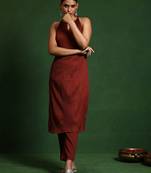 Women Regular Silk Crepe Fusion Kurta with Trousers
