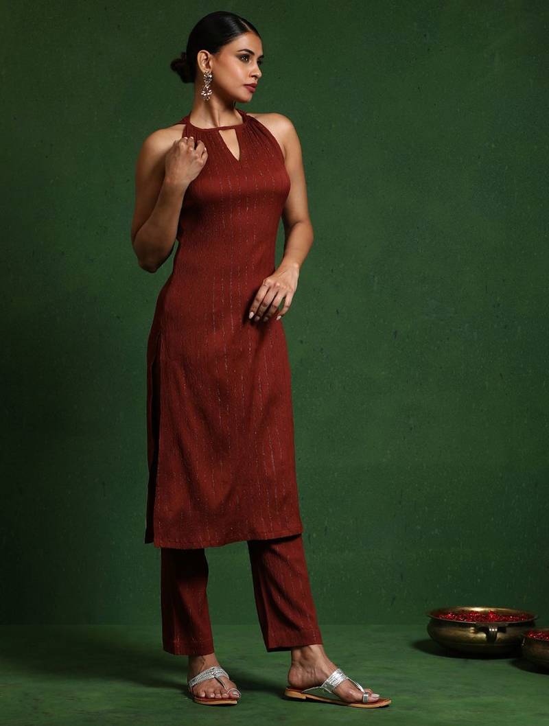 Women Regular Silk Crepe Fusion Kurta with Trousers