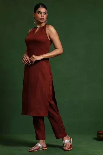 Women Regular Silk Crepe Fusion Kurta with Trousers
