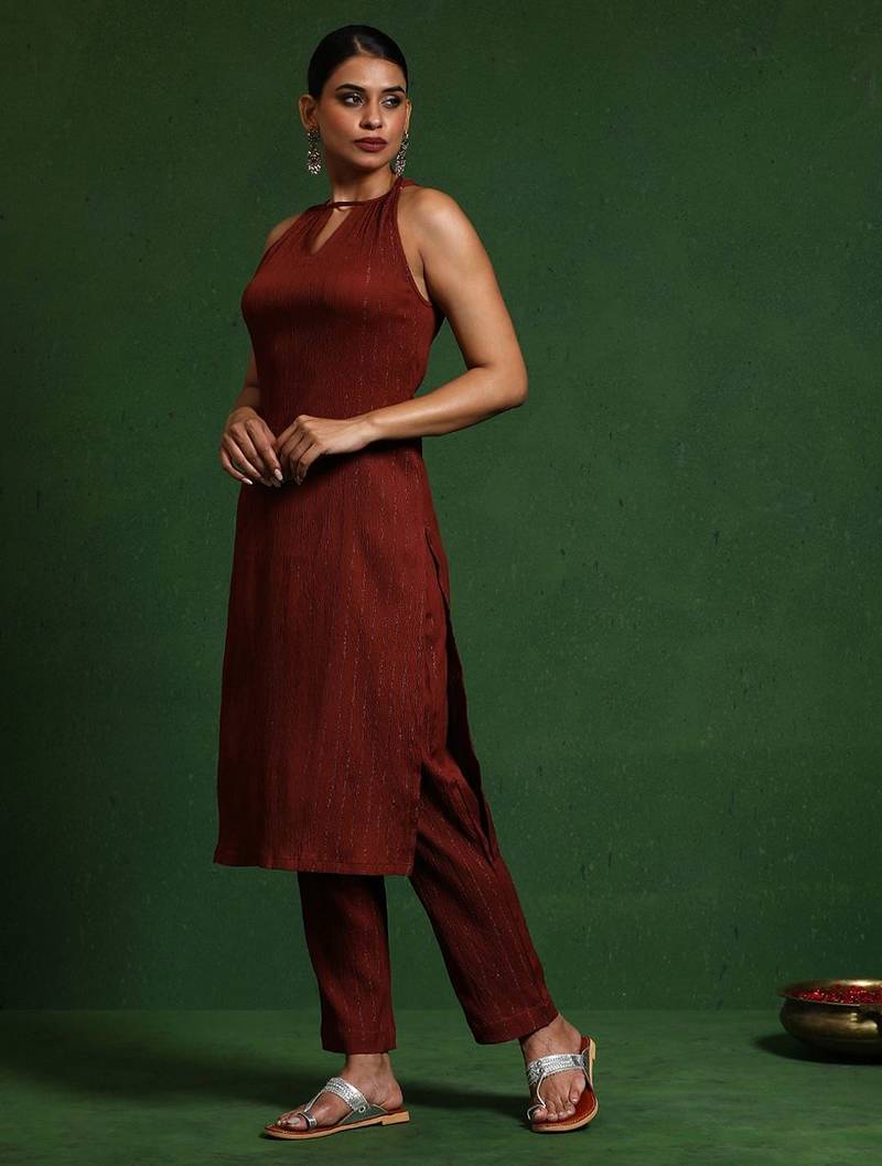 Women Regular Silk Crepe Fusion Kurta with Trousers