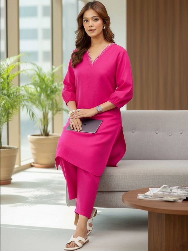 Women Dyed Regular Thread Work Kurta with Trousers