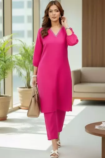 Women Dyed Regular Thread Work Kurta with Trousers