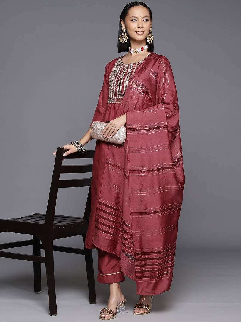 Women Yoke Design Sequinned Kurta with Trousers & With Dupatta