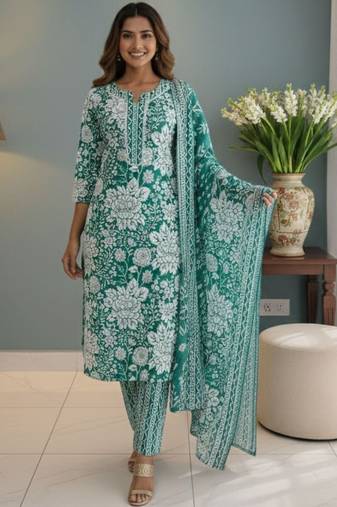 Women Floral Printed Regular Kurta with Trousers & With Dupatta