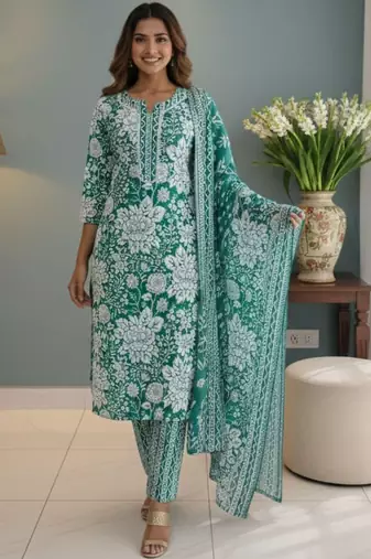 Women Floral Printed Regular Kurta with Trousers & With Dupatta