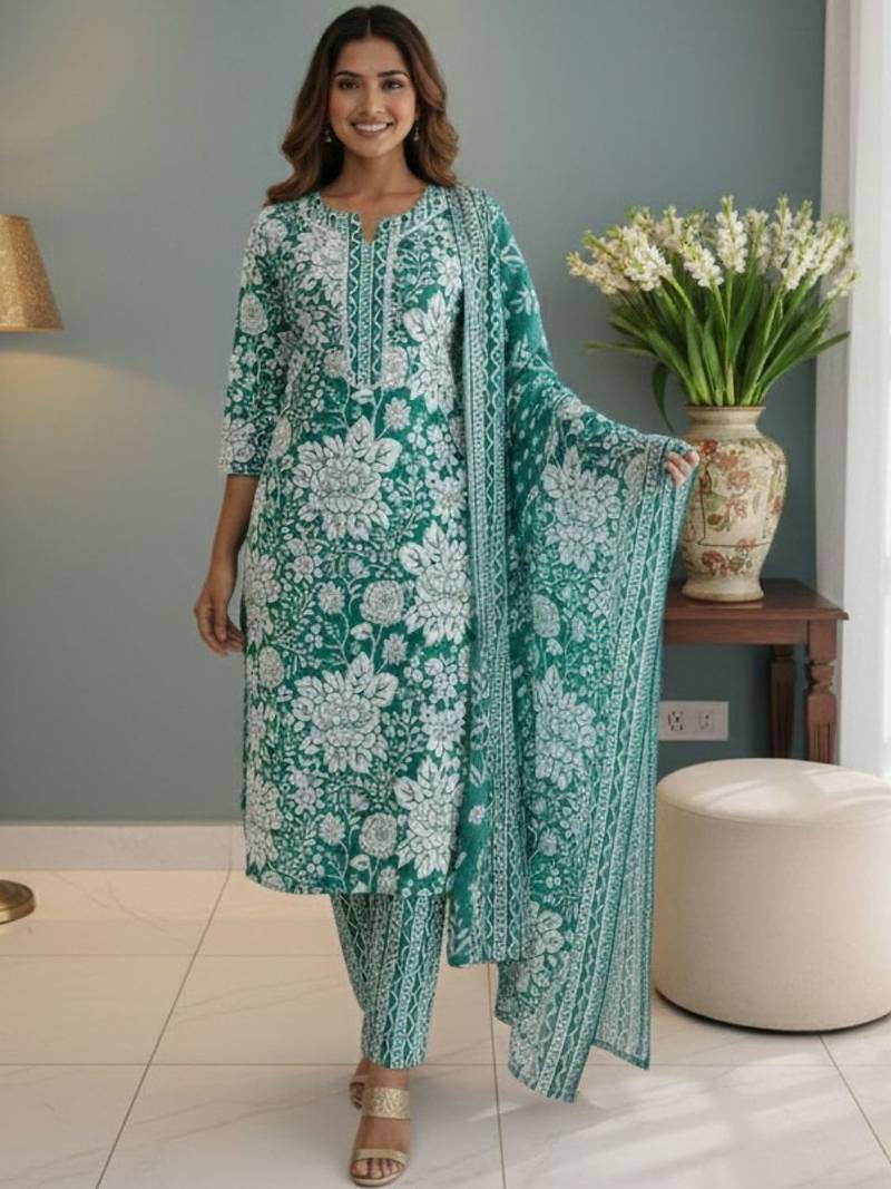 Women Floral Printed Regular Kurta with Trousers & With Dupatta