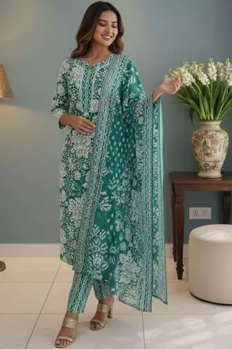 Women Floral Printed Regular Kurta with Trousers & With Dupatta