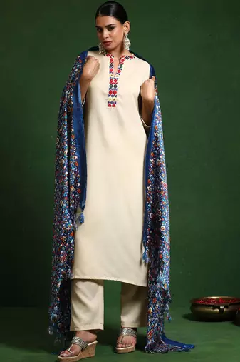 Embroidered Thread Work Mandarin Collar Straight Kurta with Trousers & Dupatta