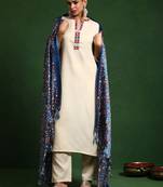 Embroidered Thread Work Mandarin Collar Straight Kurta with Trousers & Dupatta
