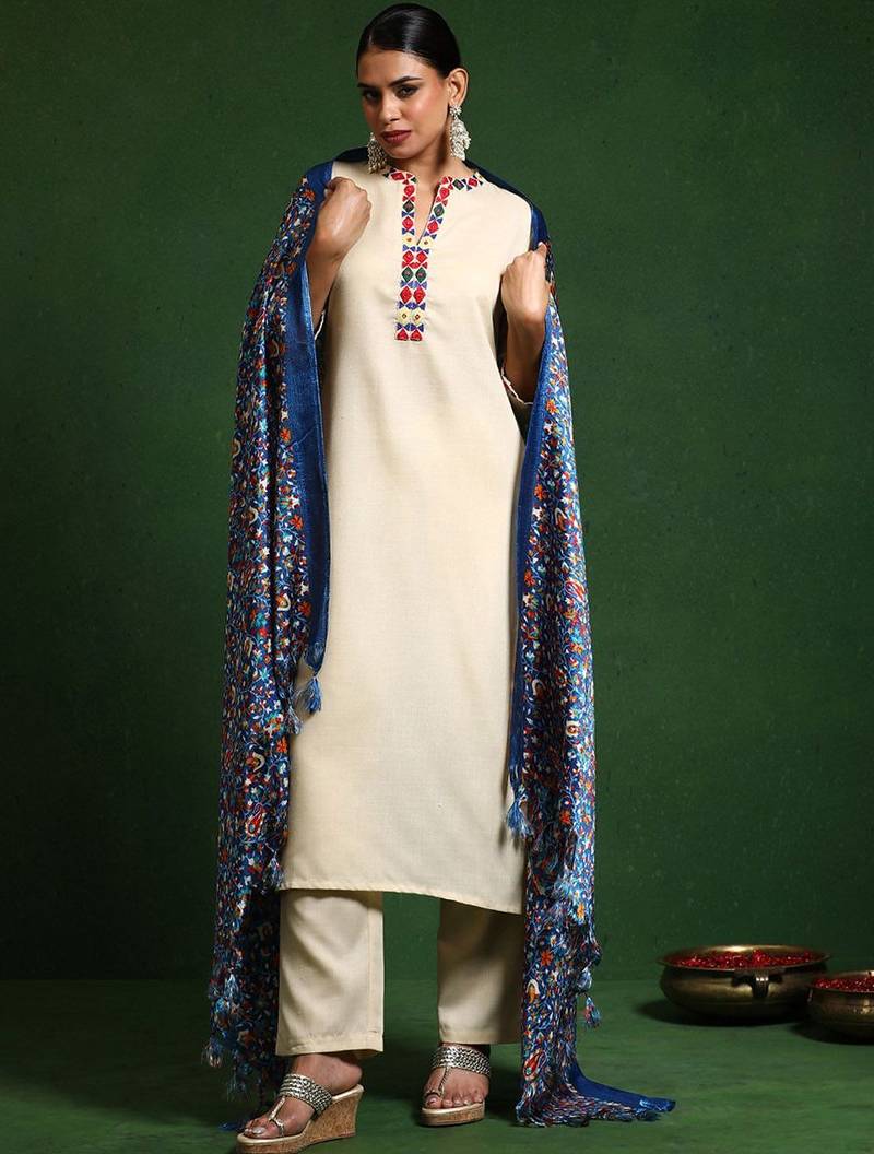 Embroidered Thread Work Mandarin Collar Straight Kurta with Trousers & Dupatta