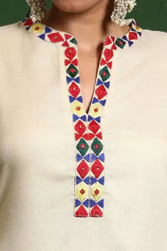Embroidered Thread Work Mandarin Collar Straight Kurta with Trousers & Dupatta