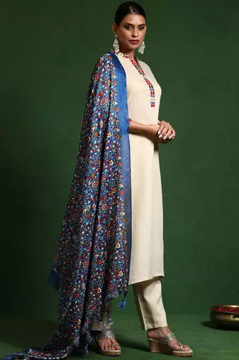 Embroidered Thread Work Mandarin Collar Straight Kurta with Trousers & Dupatta