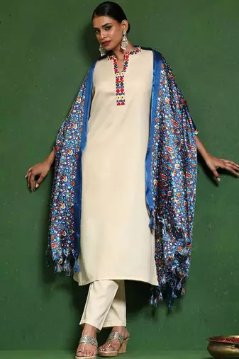 Embroidered Thread Work Mandarin Collar Straight Kurta with Trousers & Dupatta