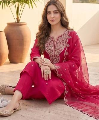 Women Ethnic Motifs Embroidered Regular Thread Work Kurta with Trousers & With Dupatta 2