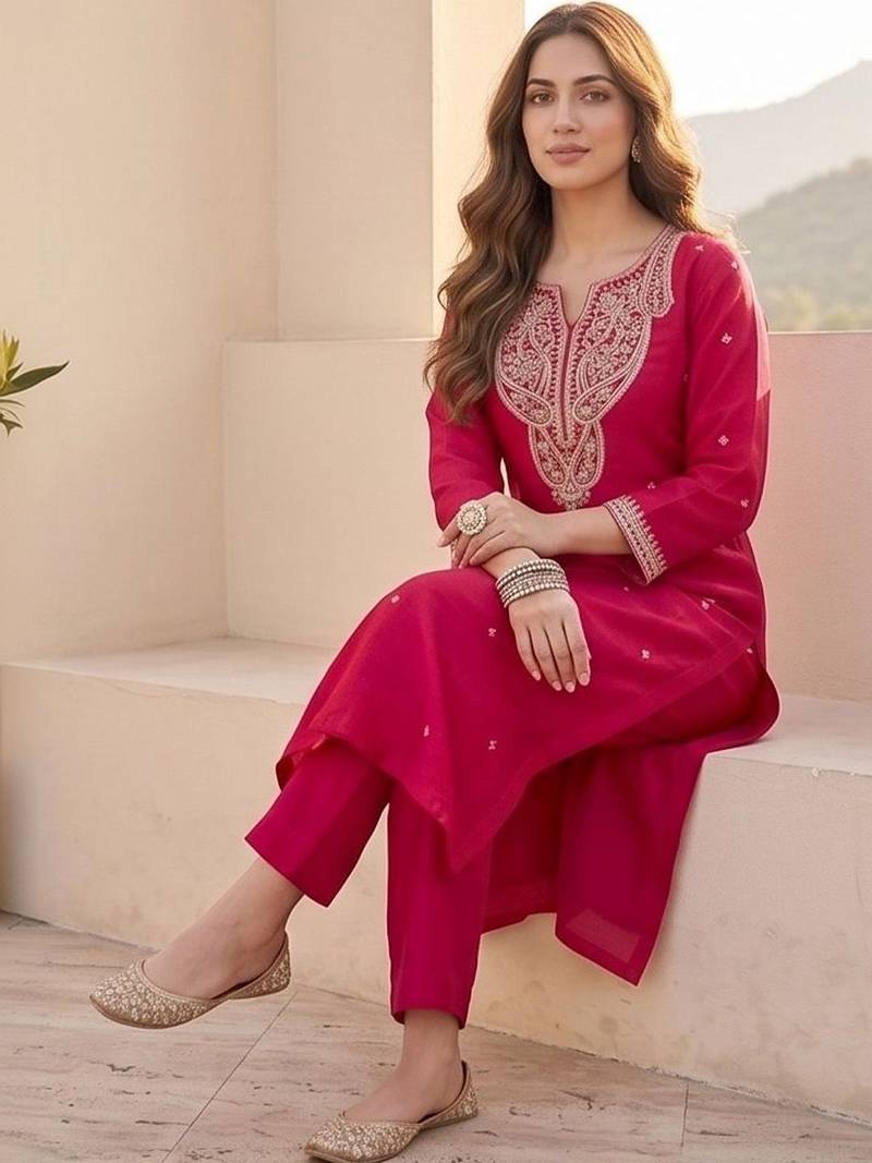 Women Ethnic Motifs Embroidered Regular Thread Work Kurta with Trousers & With Dupatta