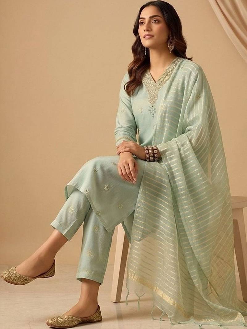 Women Ethnic Motifs Embroidered Regular Thread Work Kurta with Trousers & With Dupatta