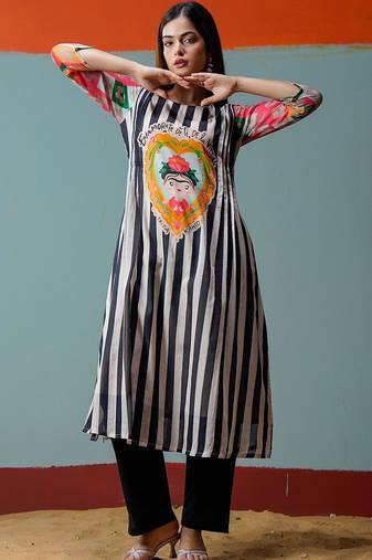 Mul Cotton Striped Printed A Line Kurta With Solid Trouser